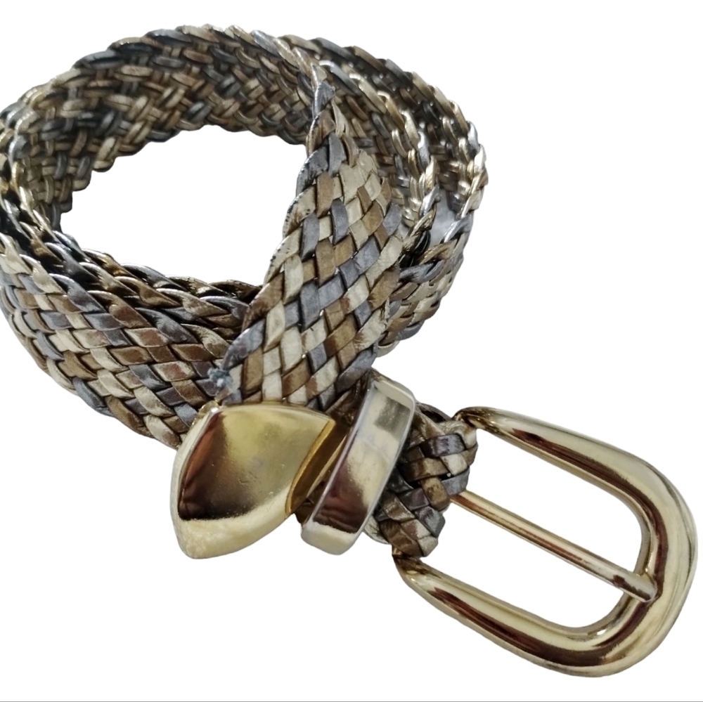 Vintage 3 tone Braided Belt‎ w/Gold Buckle Women M made in Taiwan Y2K woven